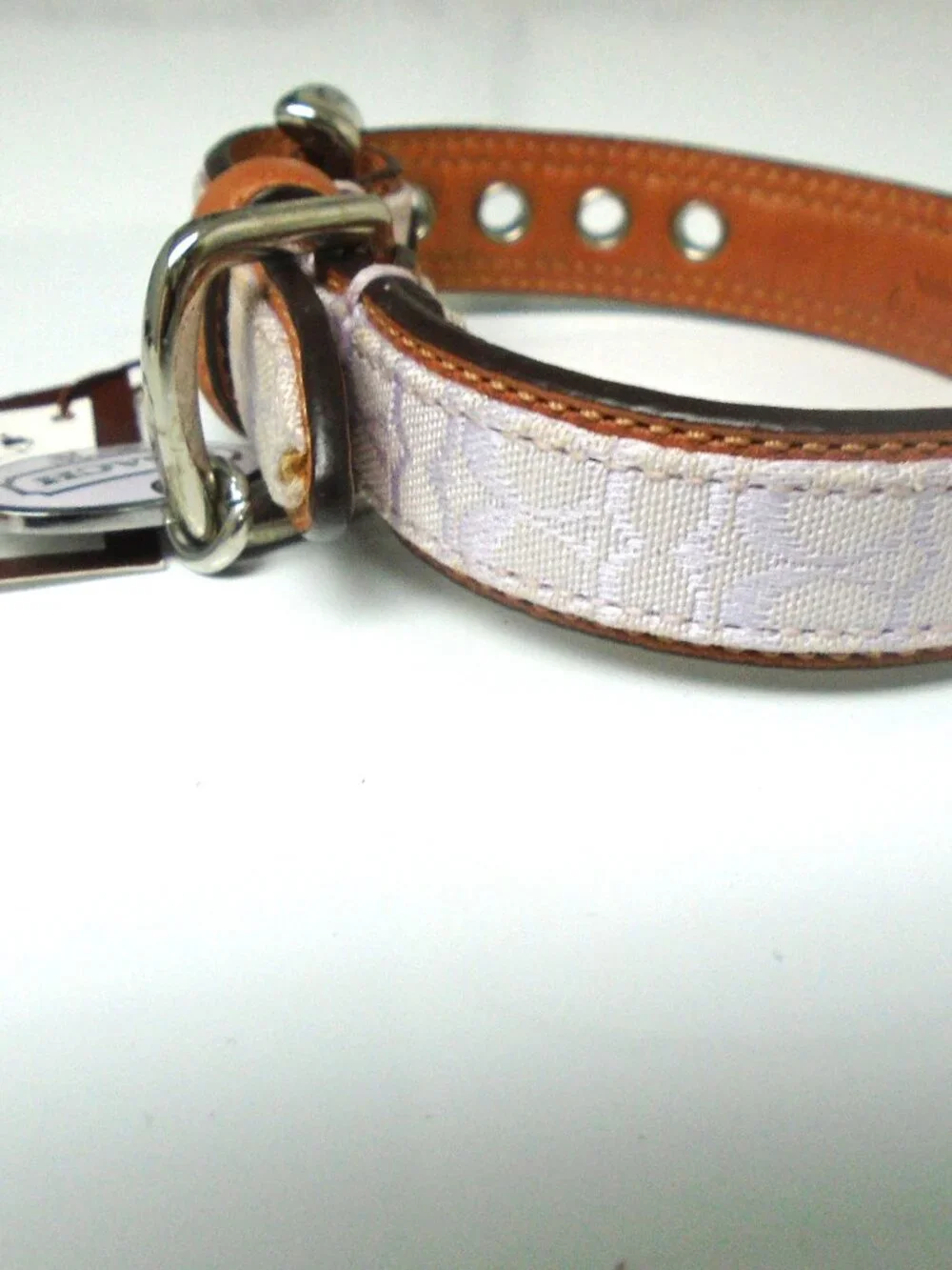 NEW VINTAGE COACH BROWN LILAC JACQUARD SIGNATURE C LEATHER DOG COLLAR 4003 SZ XS